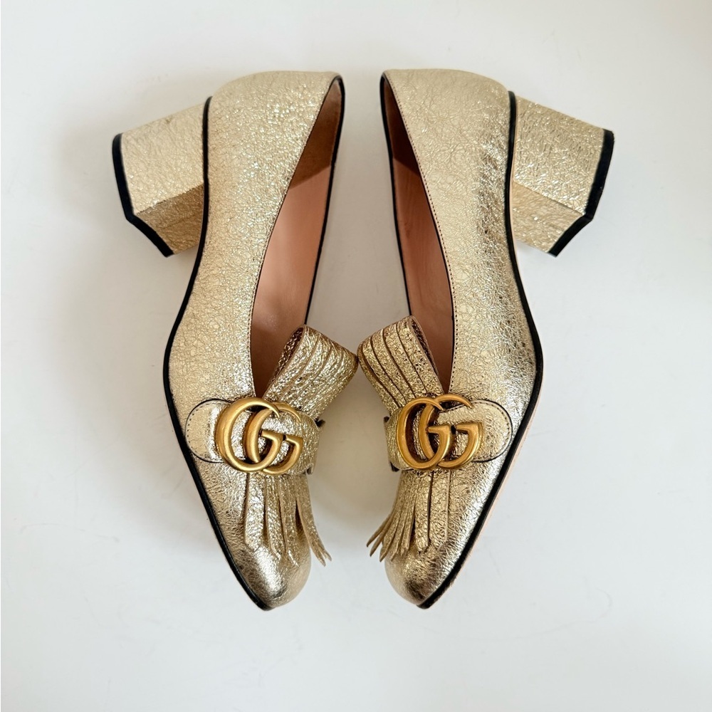 Gucci Gold Metallic leather GG fringe Marmont 55mm Heeled Loafer pumps EU 38 - Picture 2 of 12